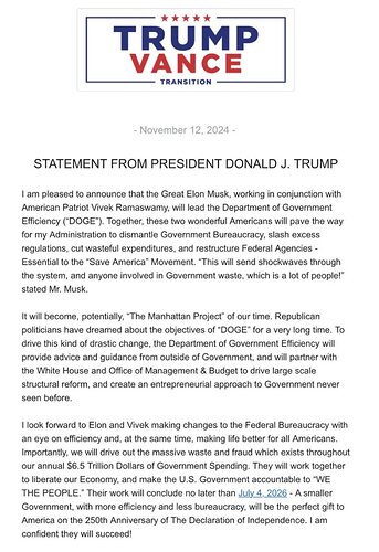 DJT on DOGE Elon posts 11 12 24